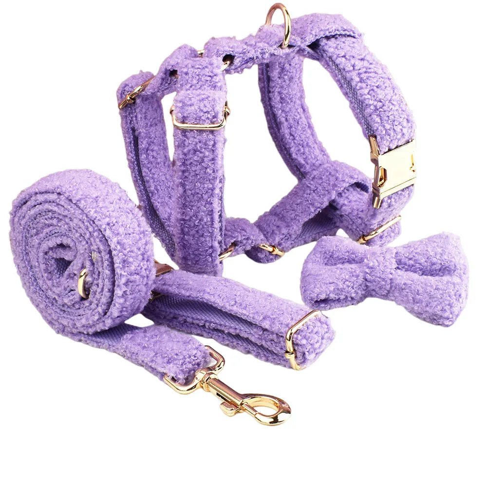 Purple cloth dog collar, leash, bow tie, and vest set for small dogs.