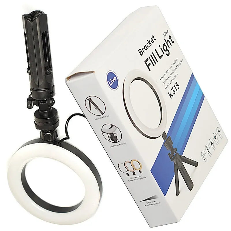 Black desktop mobile phone bracket with adjustable colour fill light and flexible gooseneck arm