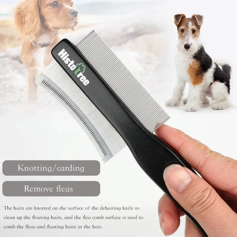 Double-sided pet grooming comb with stainless steel teeth and wood handle
