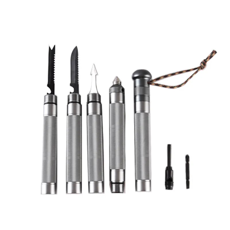 Silver folding aluminium alloy trekking pole 95cm fully extended on outdoor trail ground