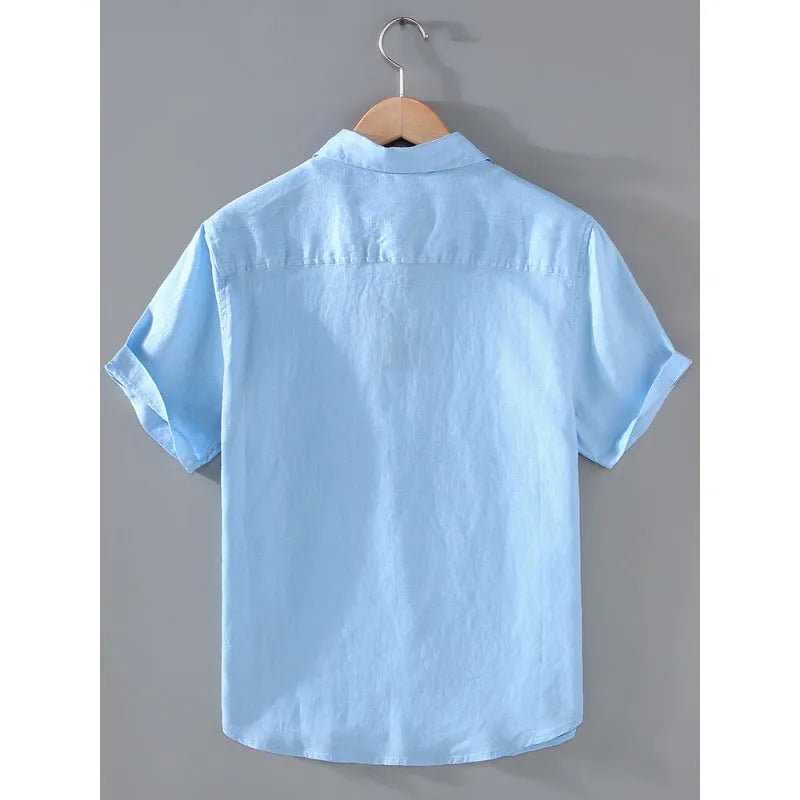 Men's casual short-sleeved linen shirt in cardigan style showing colour options