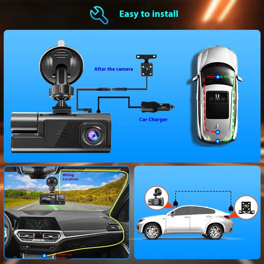 Black front and rear Wi-Fi car dash cam with 2.0 inch screen mounted on windscreen, showing rear camera feed.