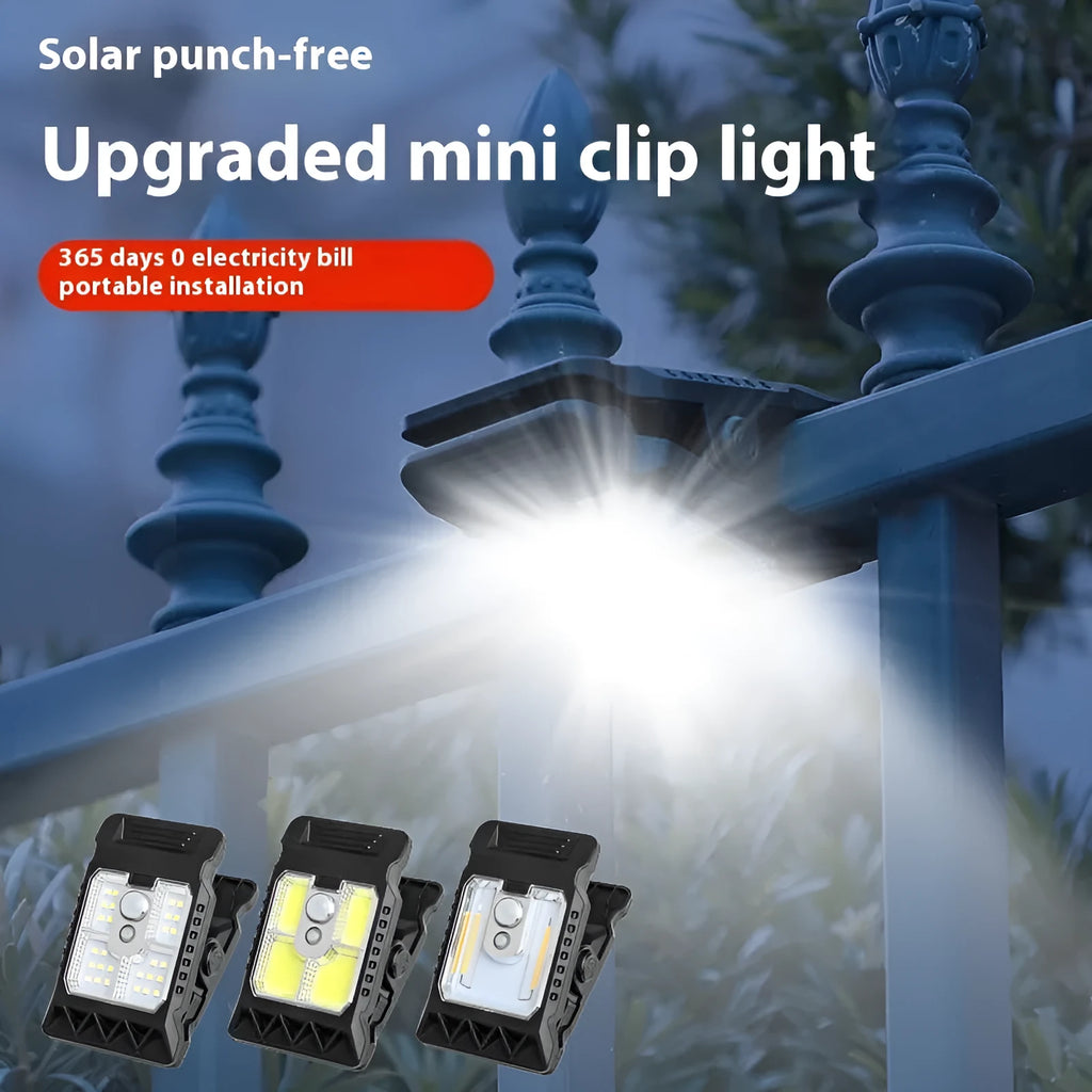 Compact white ABS plastic LED clip lamp with motion sensor, shown clipped to a shelf edge.