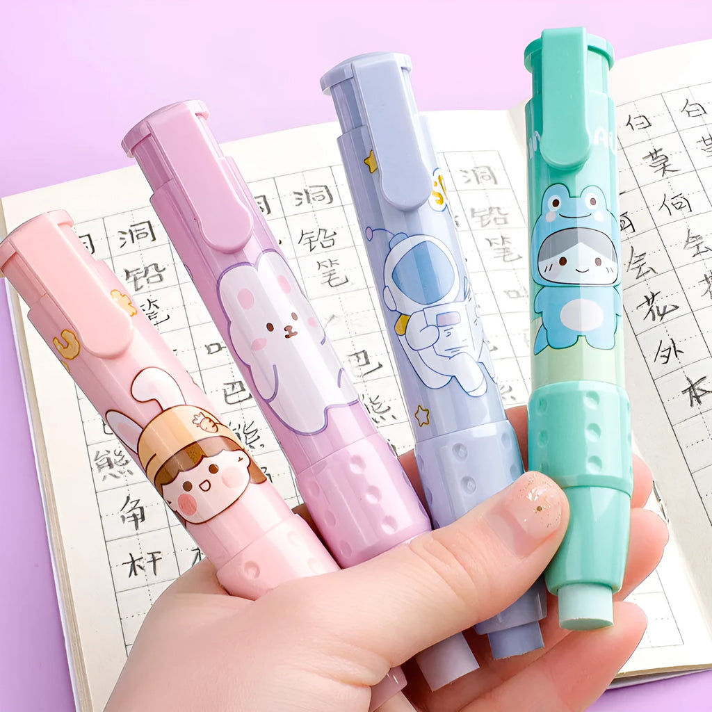 Push-button animal eraser in a plastic case with rubber cores, shown in Star Aerospace, Frog Prince, Cream Rabbit, and Pink Cute Pet designs
