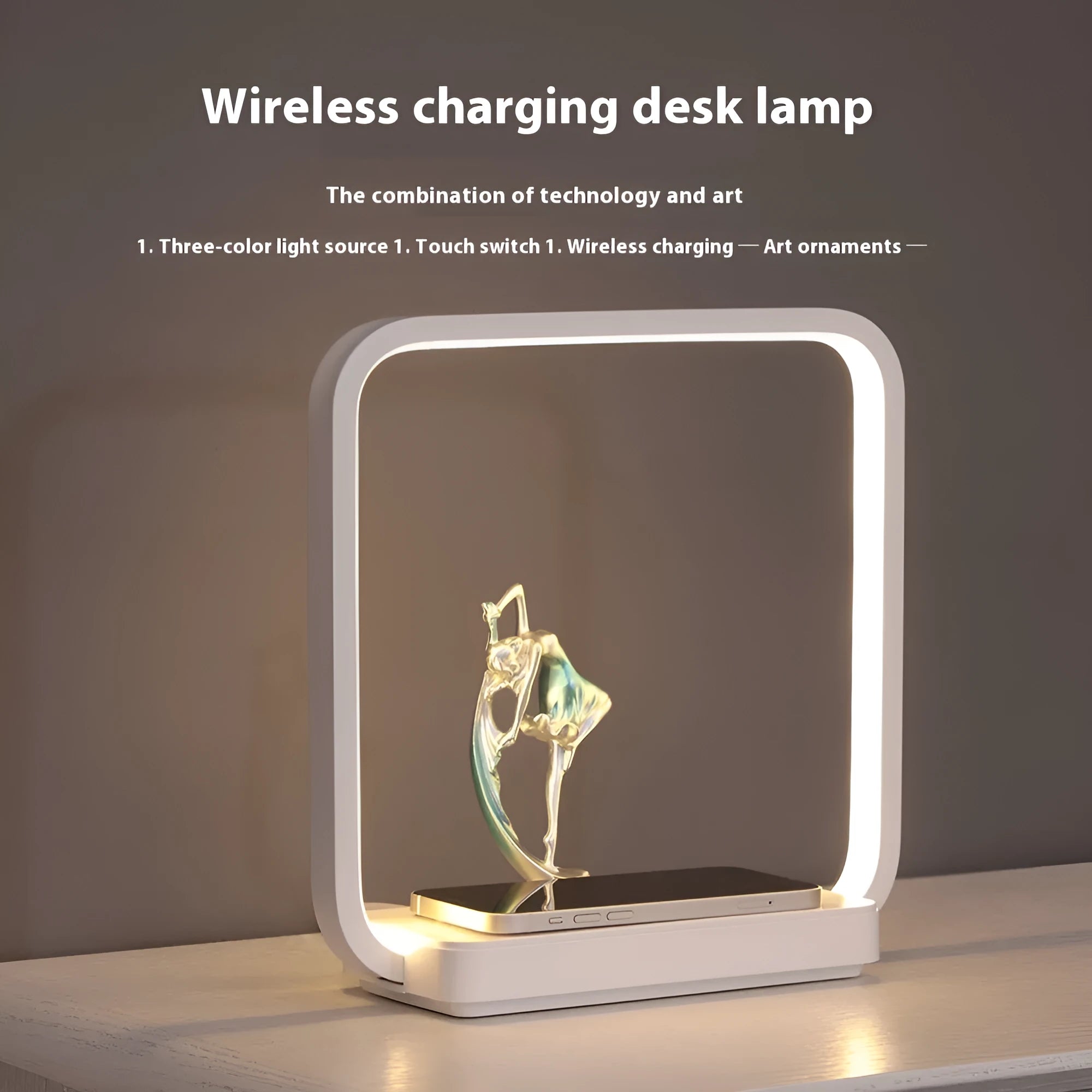 Blue and yellow atmosphere table lamp with integrated wireless phone charging pad.