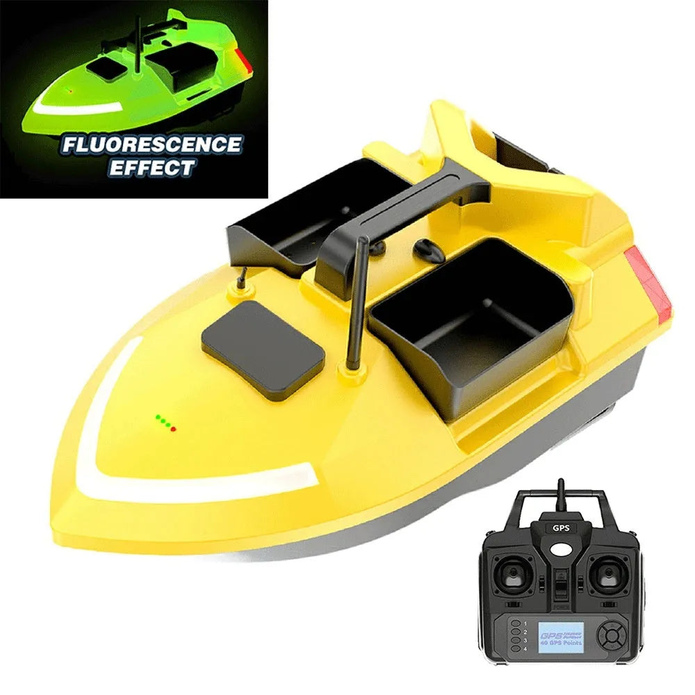 V020 black remote control fishing boat with GPS antenna on a calm lake at dusk