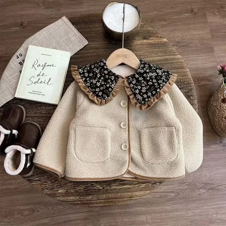 Mori style girls' fleece-lined khaki coat with long sleeves for winter, available in heights 80-140cm