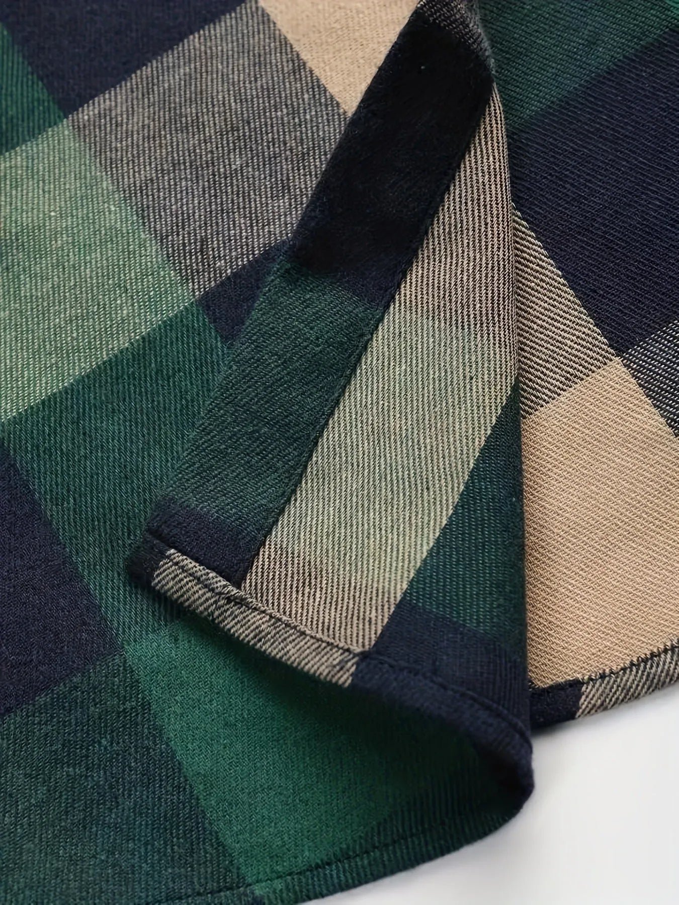 Dark green men's cotton plaid cardigan shirt with cardigan front, available in sizes S to XXL