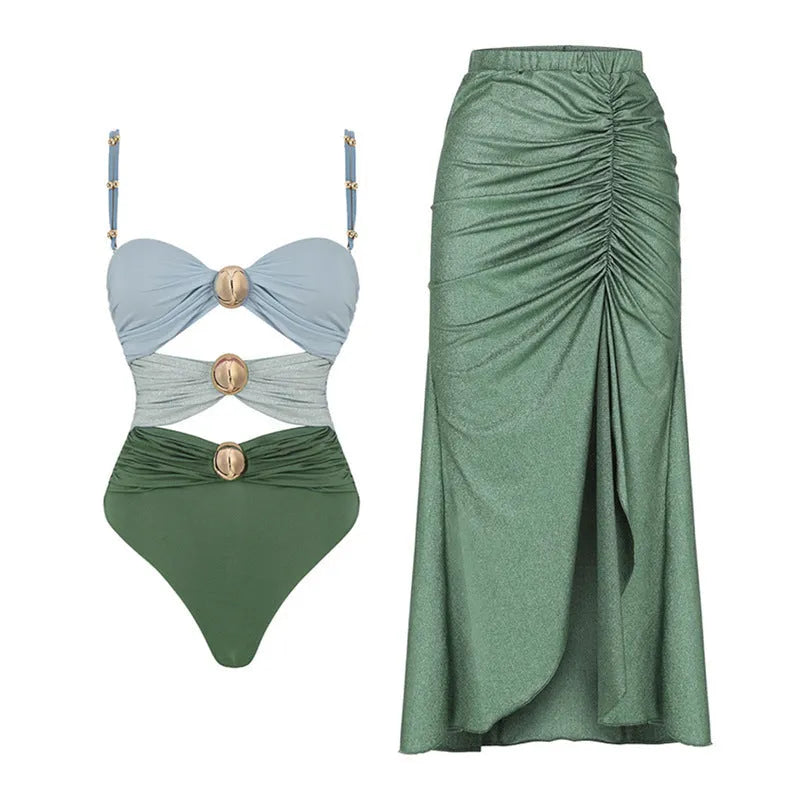 Yellow and green women's high-waist bikini set with separate top, pants, and a wrap skirt.