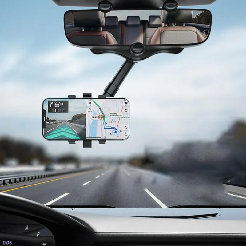 Black rearview mirror car phone holder showing 360° rotation and telescopic arm extended.