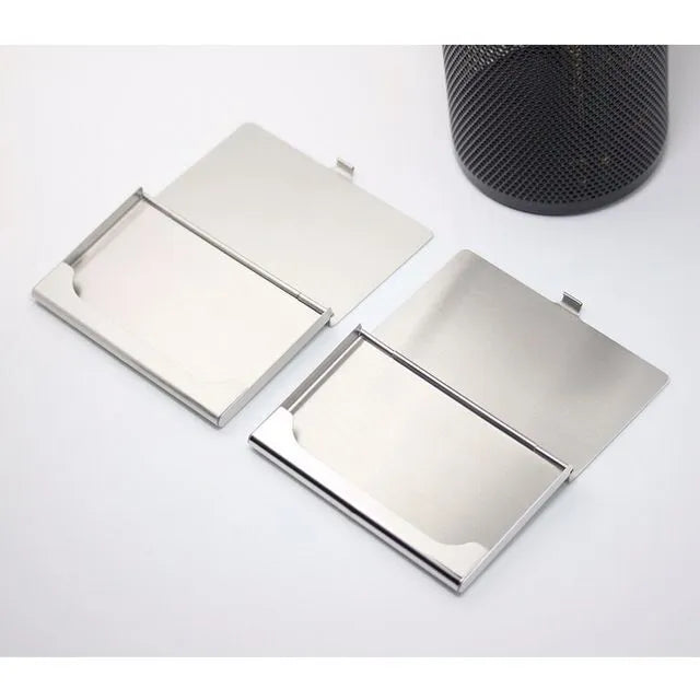 304 stainless steel business card case with geometric laser sculpture design showing horizontal format