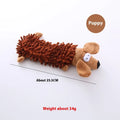 Plush microfiber molar-shaped dog chew toy in assorted animal designs including dog, duck, pig, and frog.