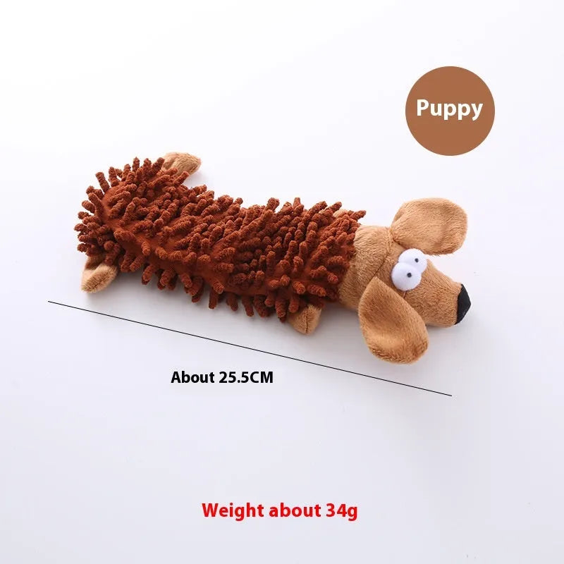 Plush microfiber molar-shaped dog chew toy in assorted animal designs including dog, duck, pig, and frog.