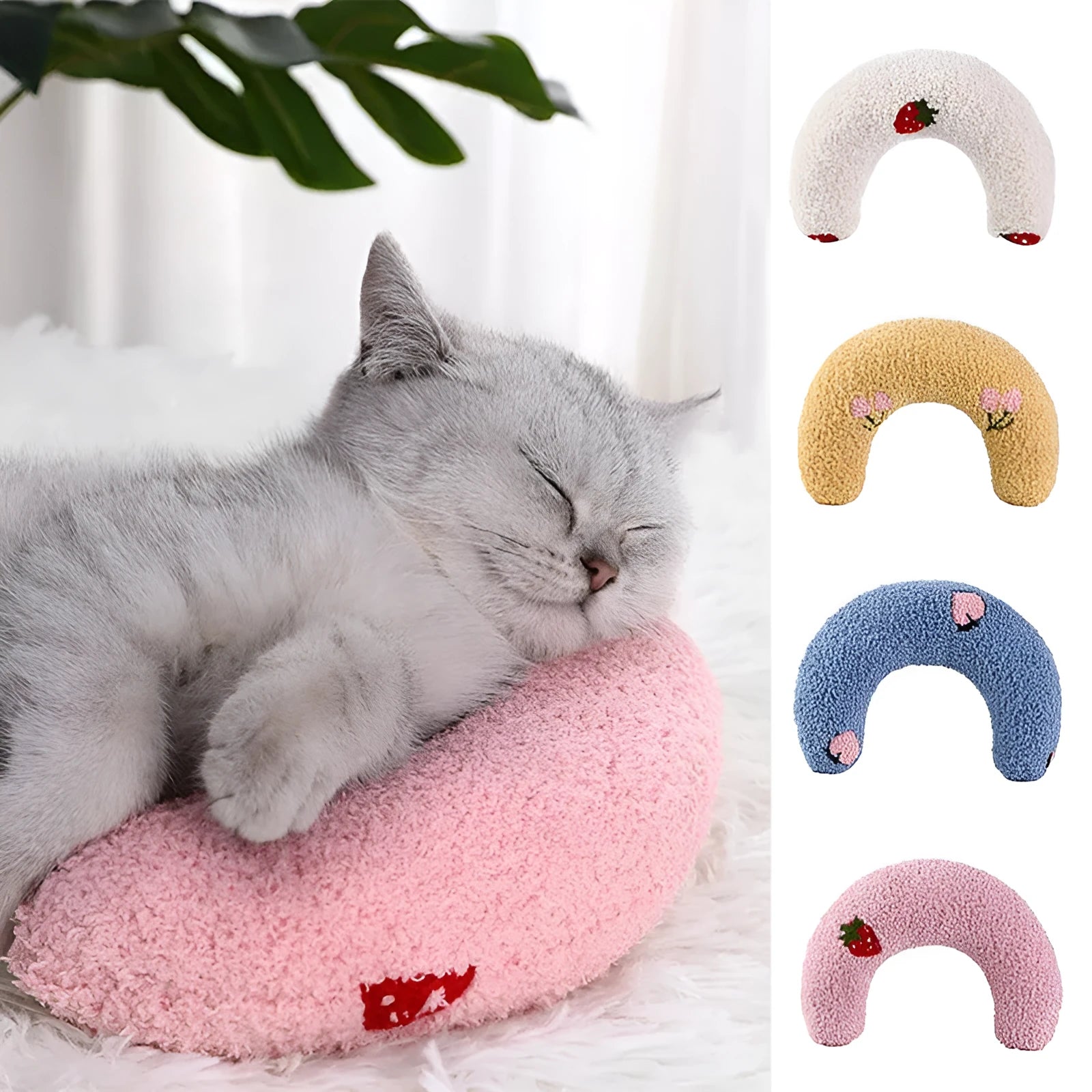 Soft quilted U-shaped cat pillow in blue, 26x18cm, on a clean white background