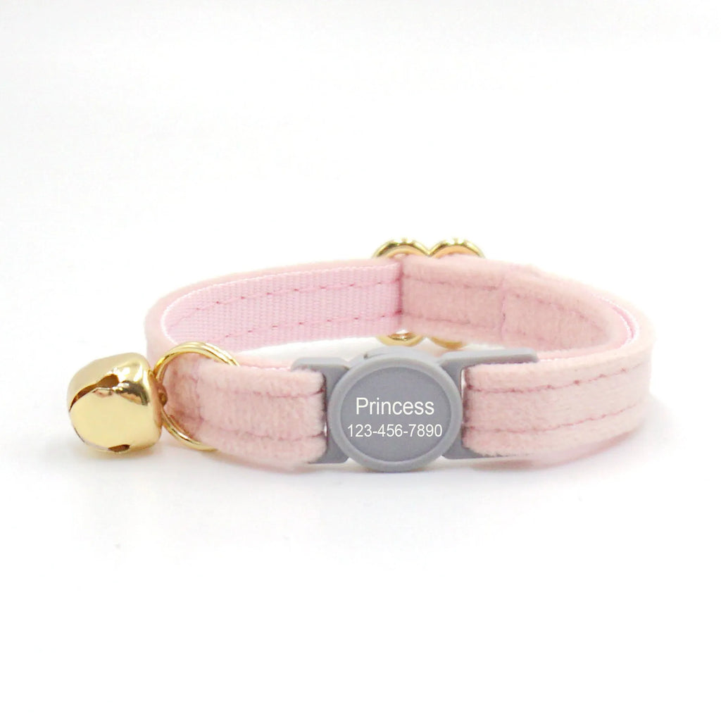 Cat collar with safety buckle and bell, available in corduroy or velvet, in multiple colours for small cats.
