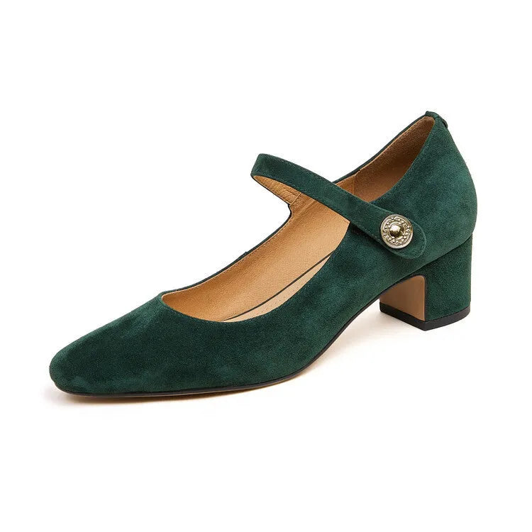 Women's black suede Mary Jane shoes with a chunky heel and square toe on a white background