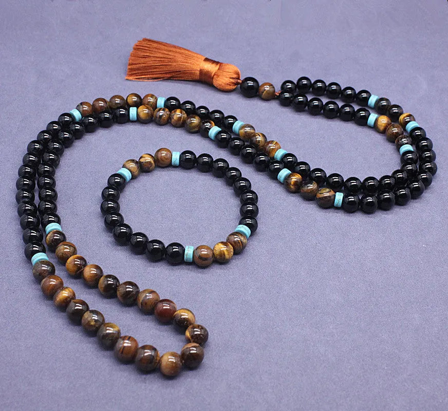 Black agate bracelet and tiger eye stone necklace set with geometric designs