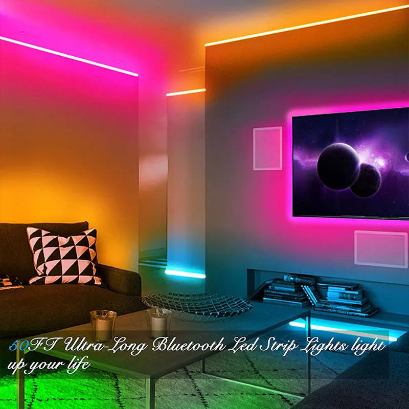 Roll of 5050 RGB LED strip light with Bluetooth remote and power adapter on a white background.