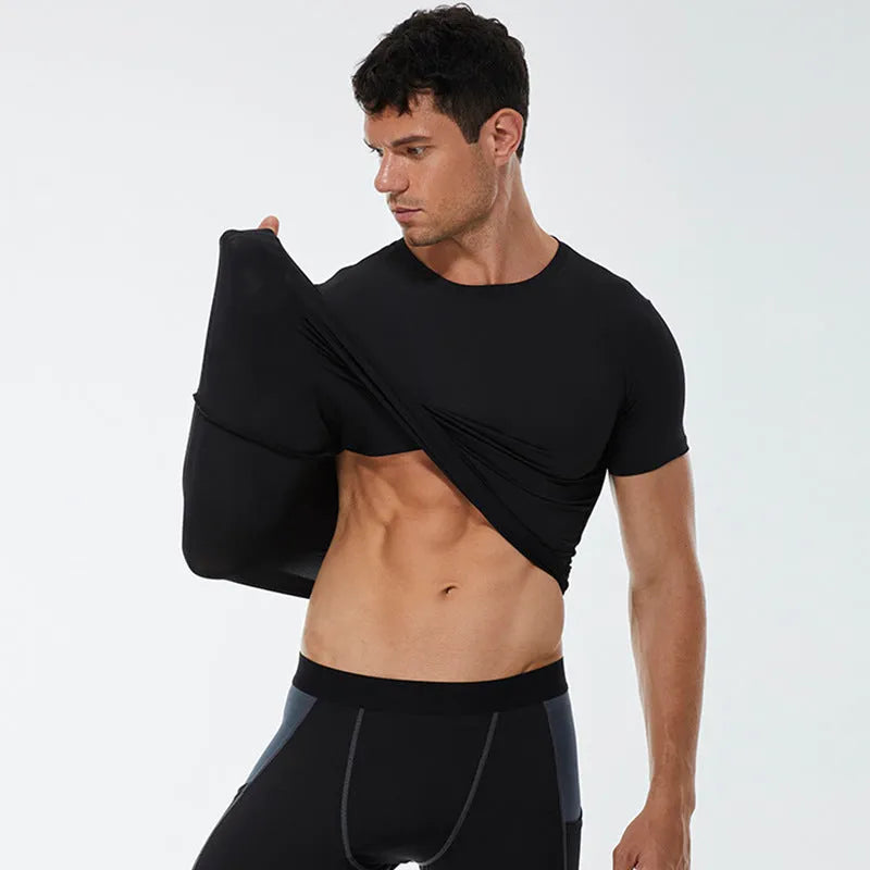 Men's stretch quick-drying short-sleeved fitness shirt in solid colours