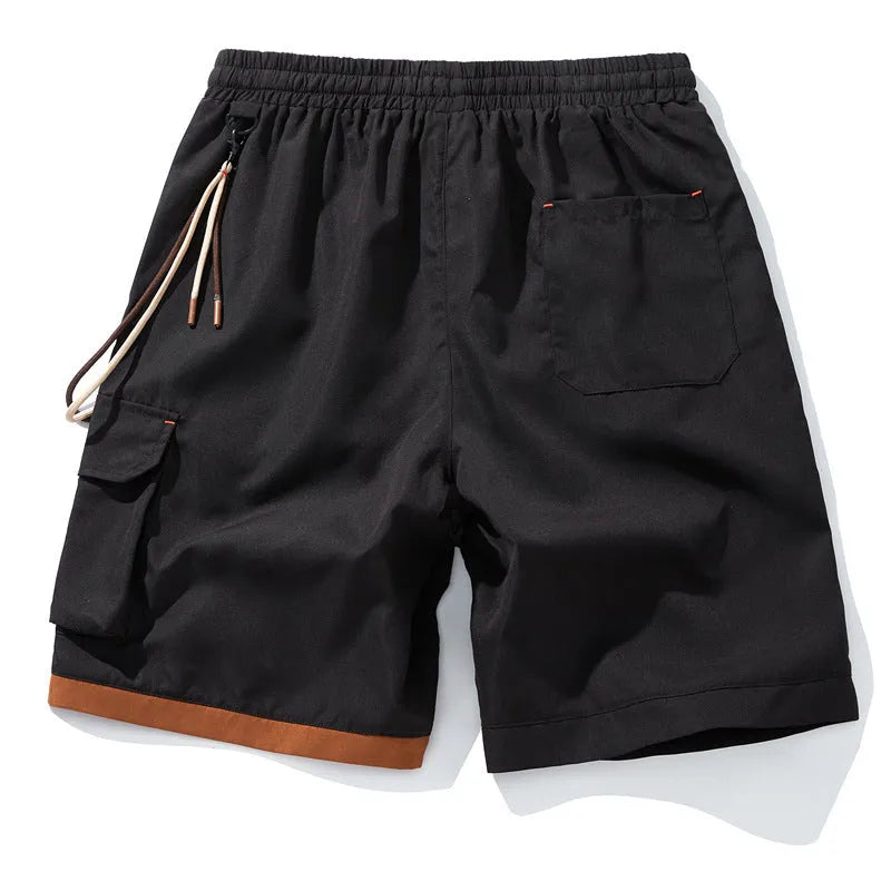 Men's plus size bamboo fibre sports shorts in a loose, high-waisted, straight-leg design on a hanger.