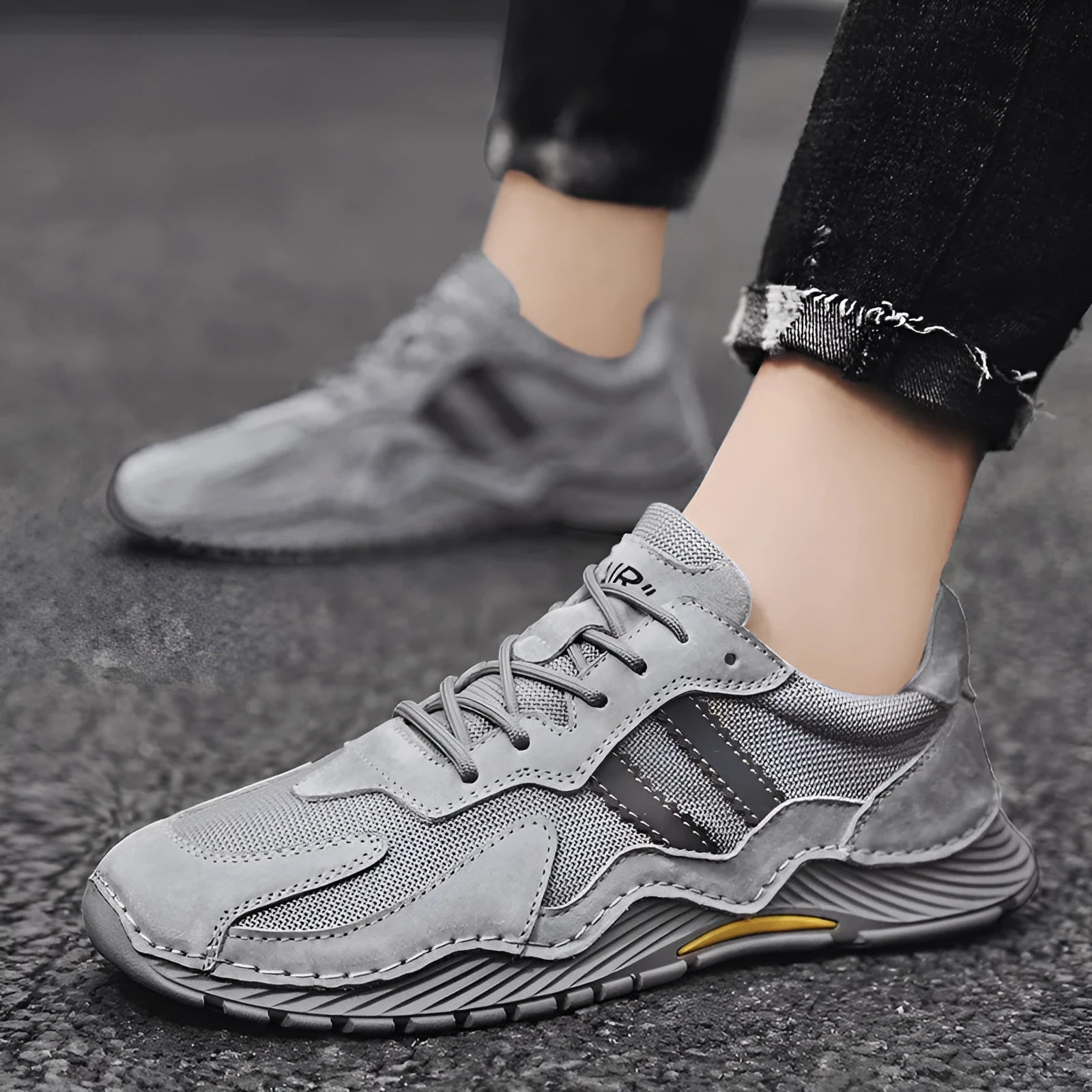 Men's low-top grey pigskin platform hiking boots with lace-up front and rubber sole.