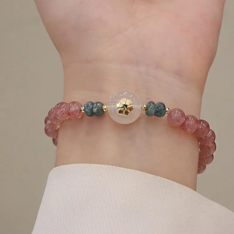 Strawberry quartz blue water emerald round jade pendant bracelet with Chinese design elements