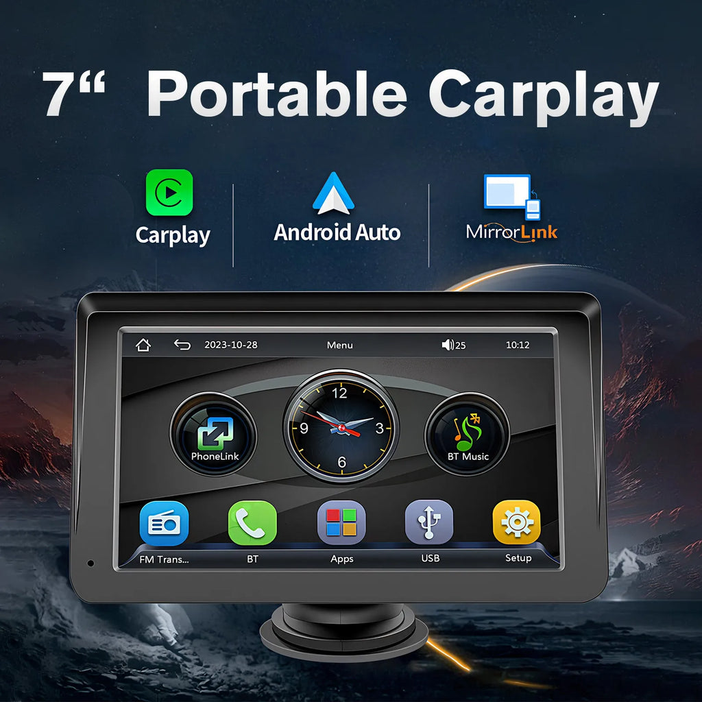 Portable car stereo with 7-inch touchscreen showing CarPlay interface, plastic body, and AUX cable