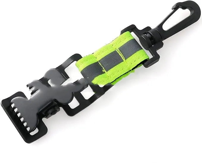 Fluorescent green fireman glove safety clamp with metal buckle and reflective lining.