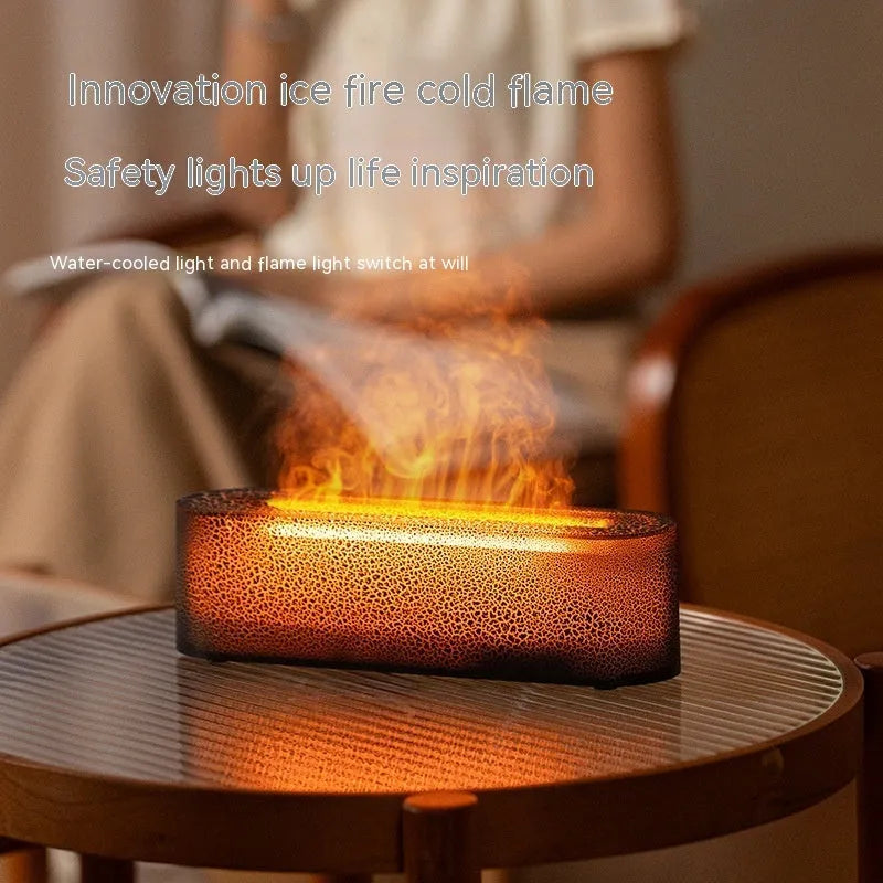 Square desktop aroma diffuser and humidifier with creative lava colourful flame lighting effect.