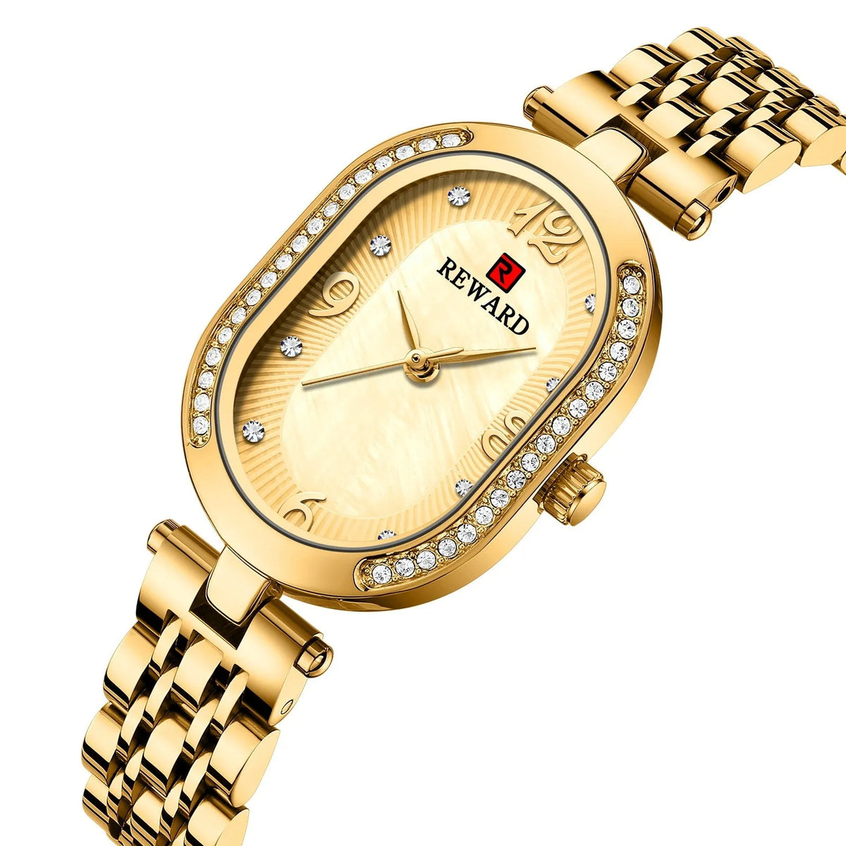 Ladies oval watch with diamond dial, 24mm case, gold-tone or rose-tone finish, and coloured strap