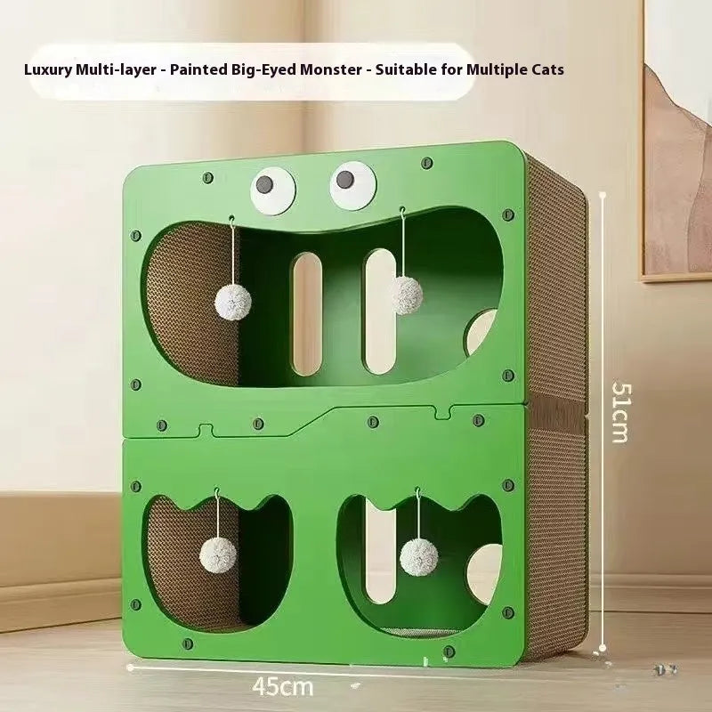 Wear-resistant cat scratching board attached to a double-layer enclosed cat nest in a cute owl design style.