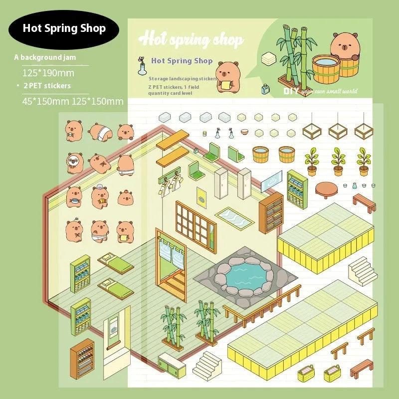 Pack of Capabala cartoon-style landscaping stickers showing eight different coloured shopfront designs.