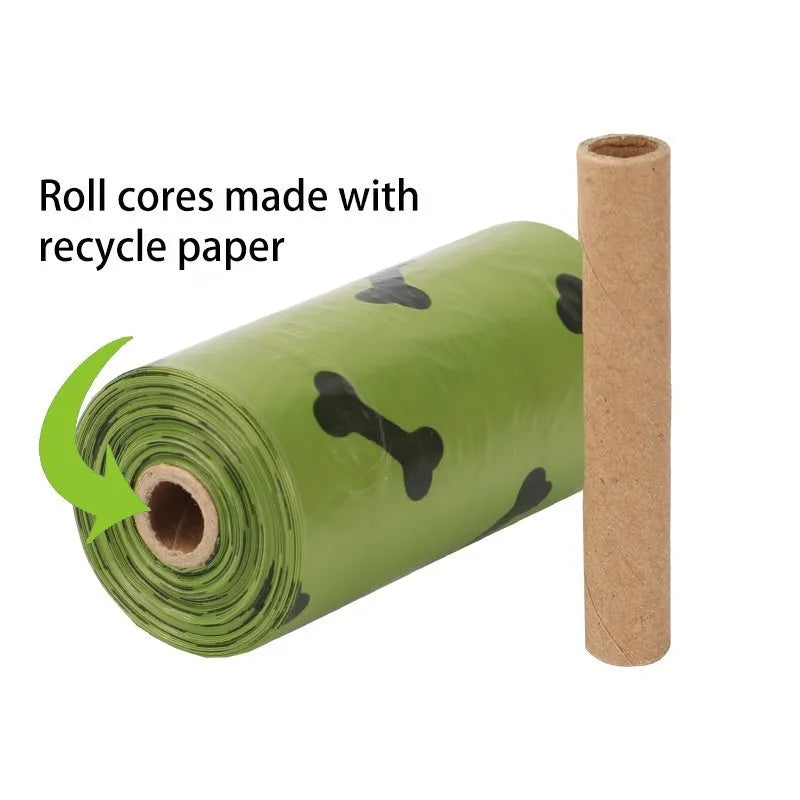 Roll of military green degradable dog poop bags with black bone print, showing bag size of 23x33cm.