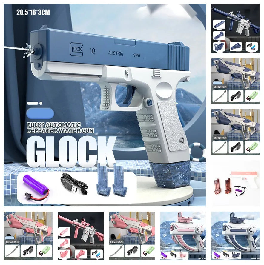Blue electric water gun with automatic water absorption and USB charging port
