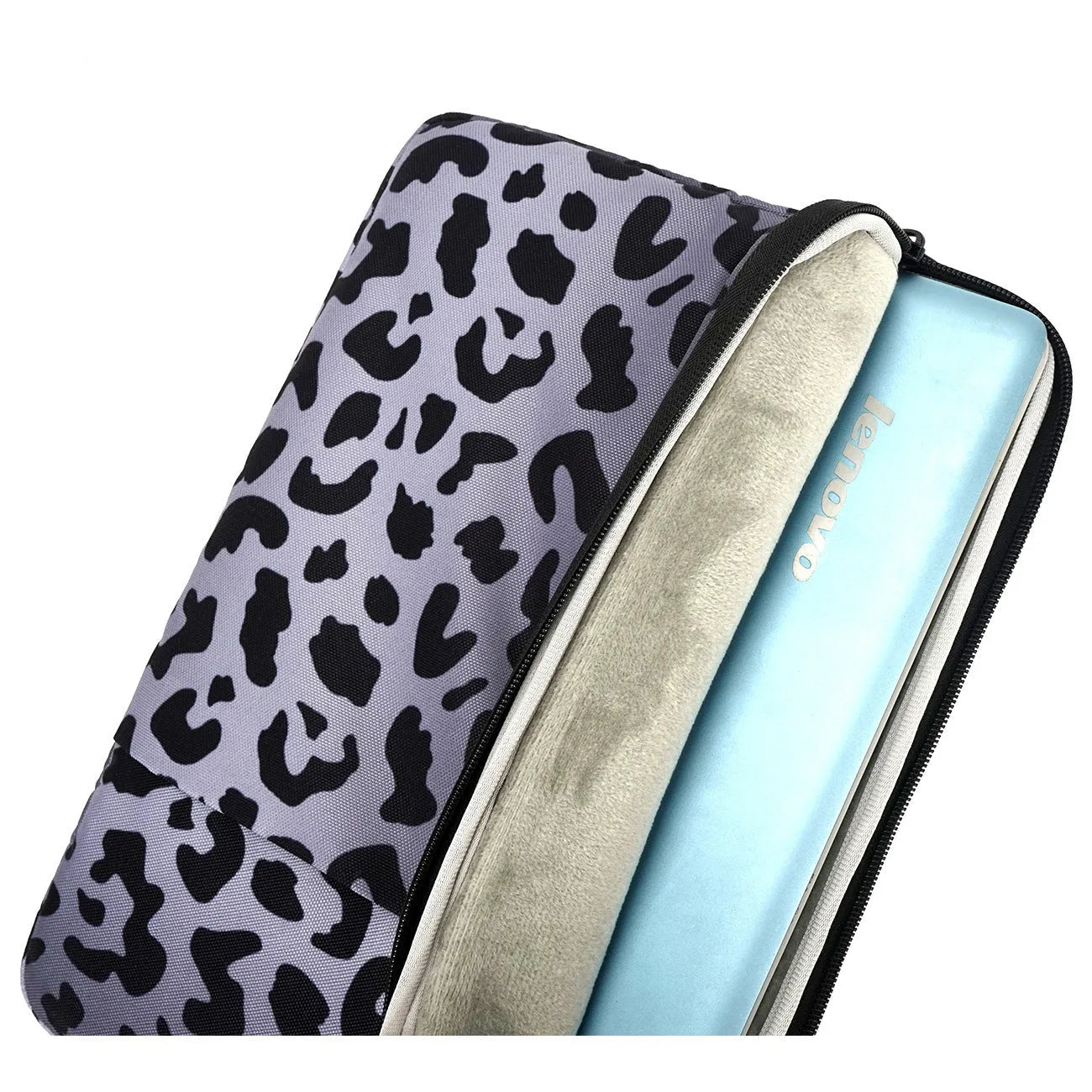 Leopard print laptop sleeve protecting 13-inch to 16-inch computers with waterproof polyester construction
