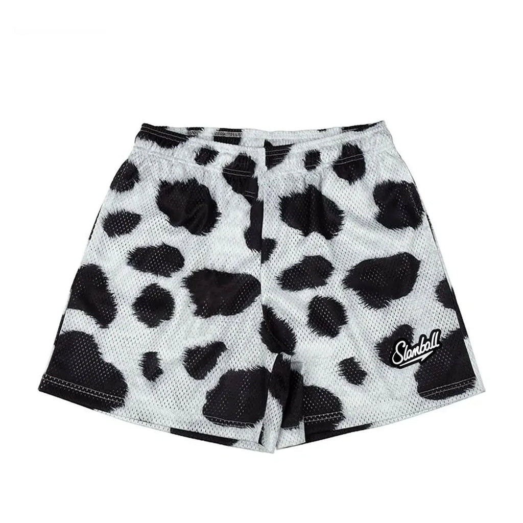 Men's leopard print quick-dry fitness shorts with mid waist and shorts length.
