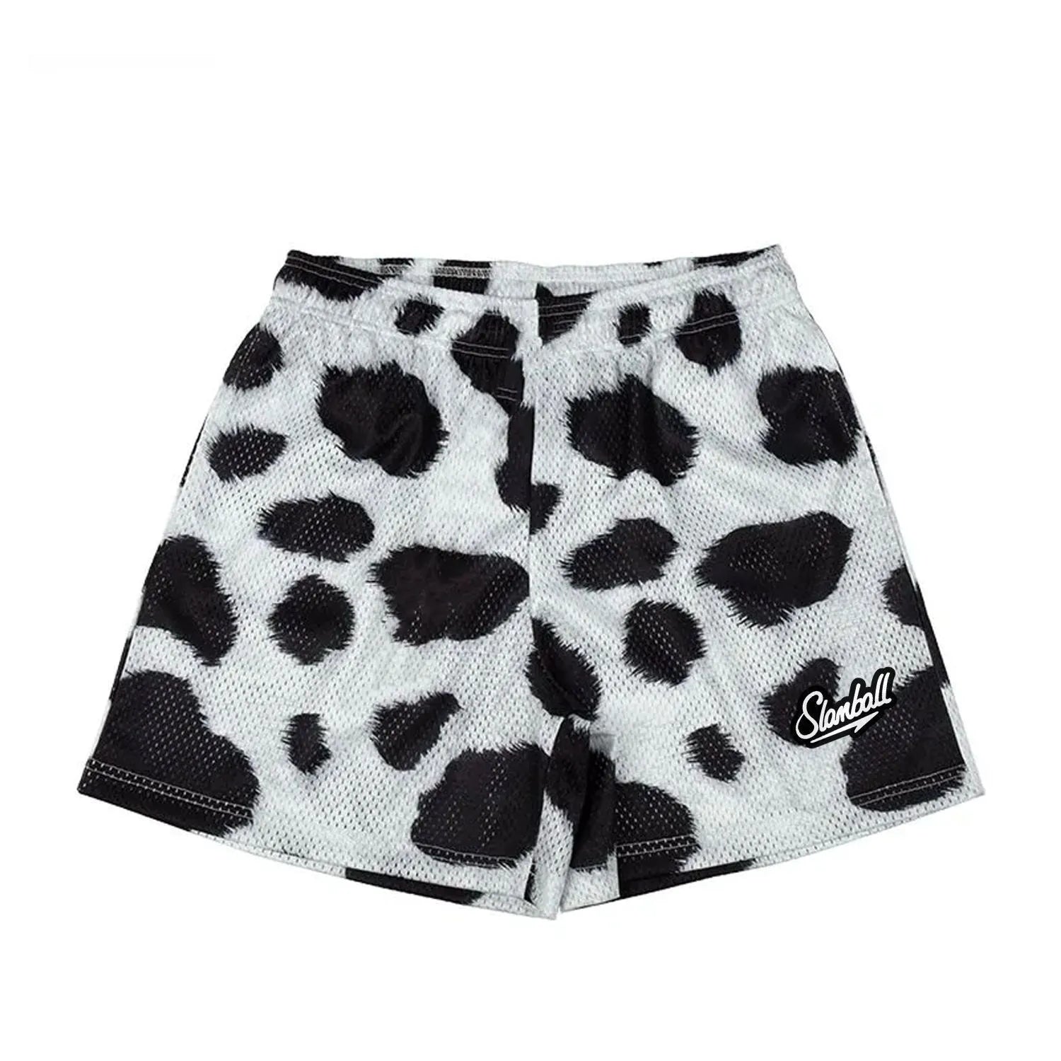 Men's leopard print quick-dry fitness shorts with mid waist and shorts length.