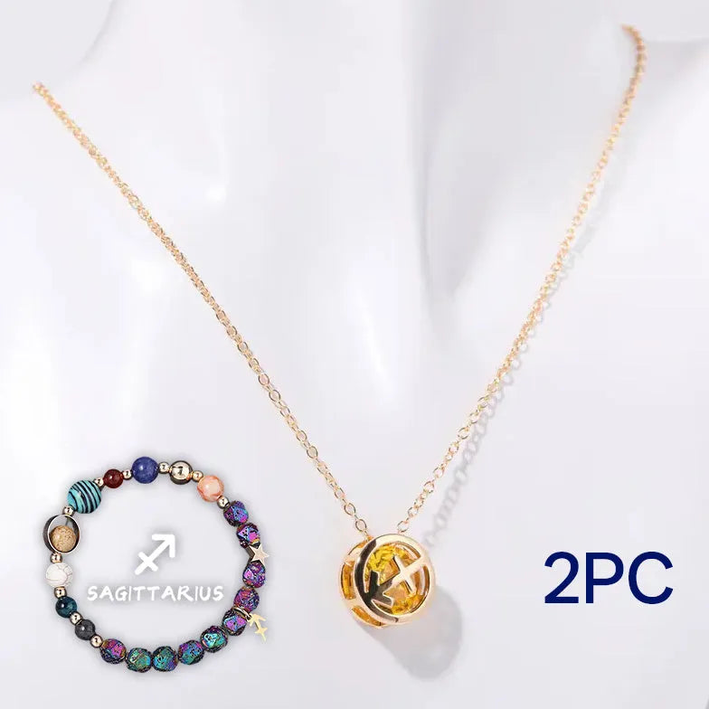 A natural stone beaded necklace and matching bracelet set displayed together, showing varied bead colours.