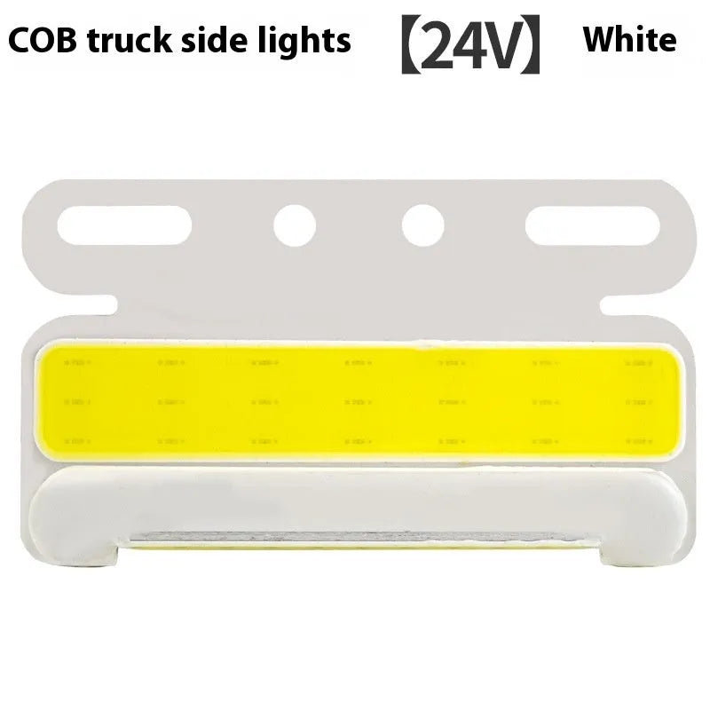 IP68 waterproof COB LED truck side light with aluminium alloy housing, shown in multiple colours.