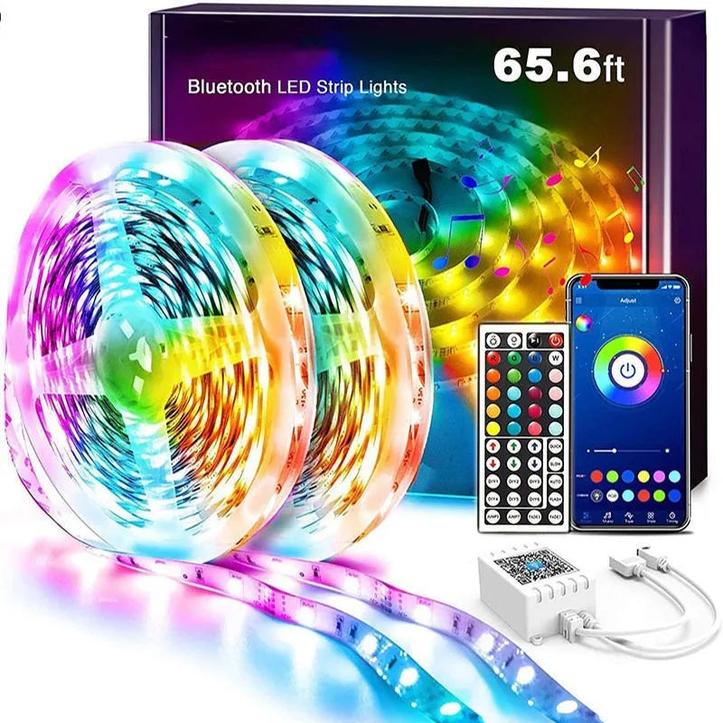 Roll of 5050 RGB LED strip light with Bluetooth remote and power adapter on a white background.