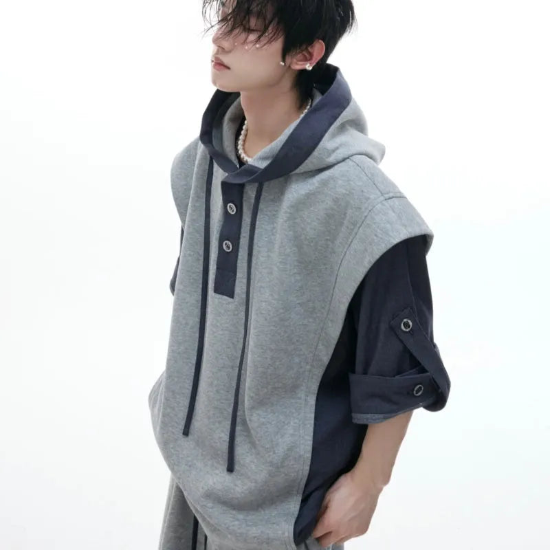 Heavy industry sports leisure suit set showing hooded polyester sweatshirt with three-dimensional stitching and matching trousers