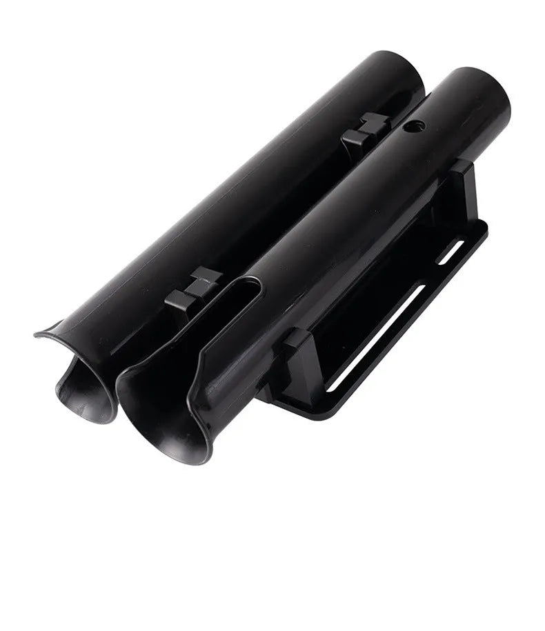 Carbon plastic fishing rod rack mounted on a bicycle frame for transporting fishing gear.