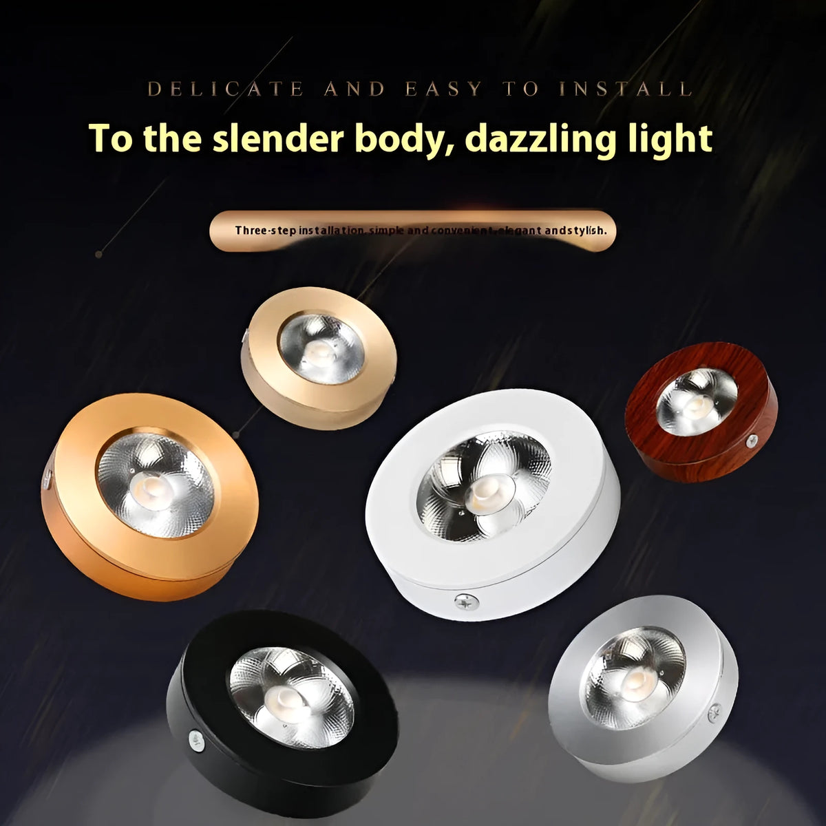 Ultra-thin LED surface mounted downlight with aluminium alloy shell, available in black, gold or white, 75mm to 125mm