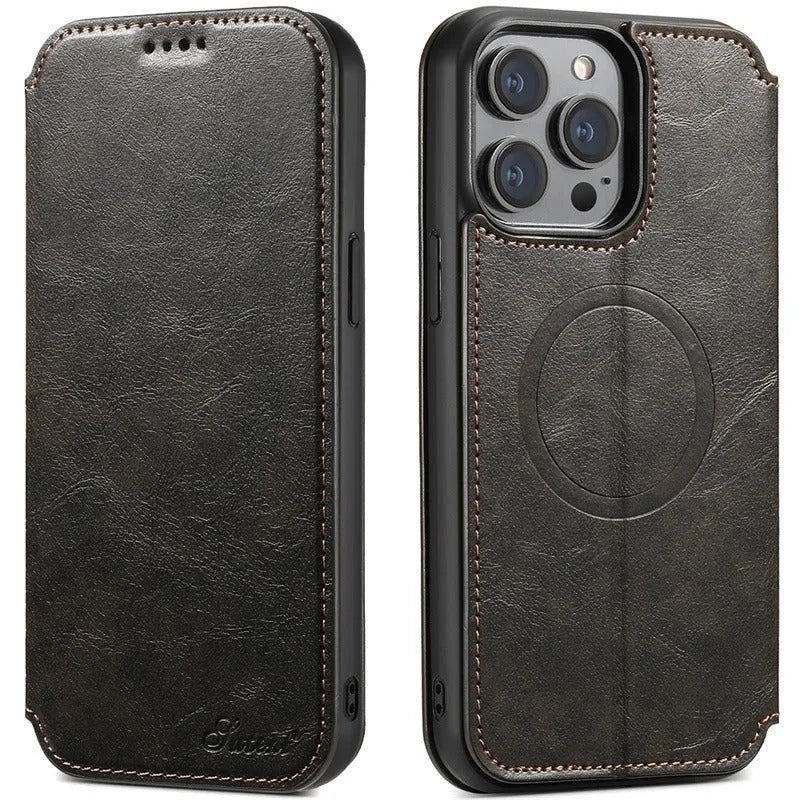 Frosted black PU leather phone case for iPhone 16 with card slot and magnetic back