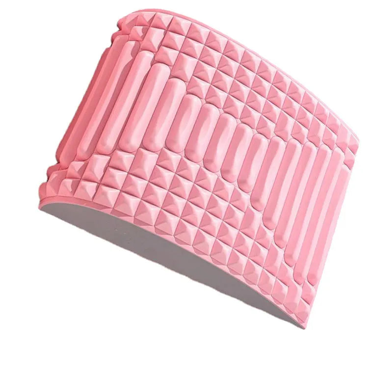 Blue back stretcher pillow for lumbar and neck support on a grey background.