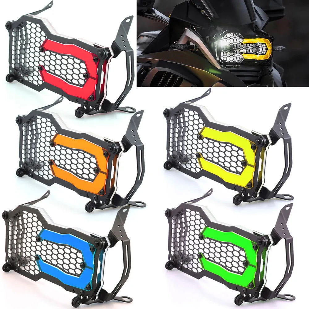 Quick-release steel and acrylic headlight protective cover for BMW GS motorcycles in multiple colour options.