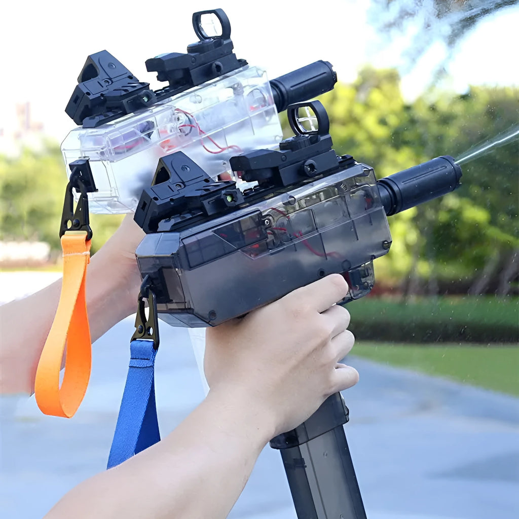 Uzi electric water gun toy transparent design with accessories showing 35ft range capability