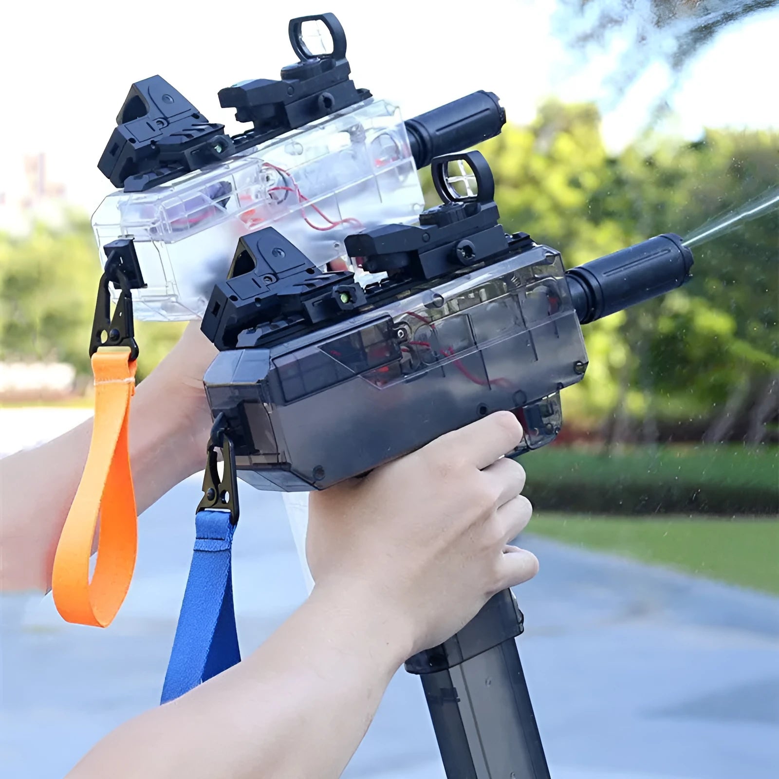 Uzi electric water gun toy transparent design with accessories showing 35ft range capability