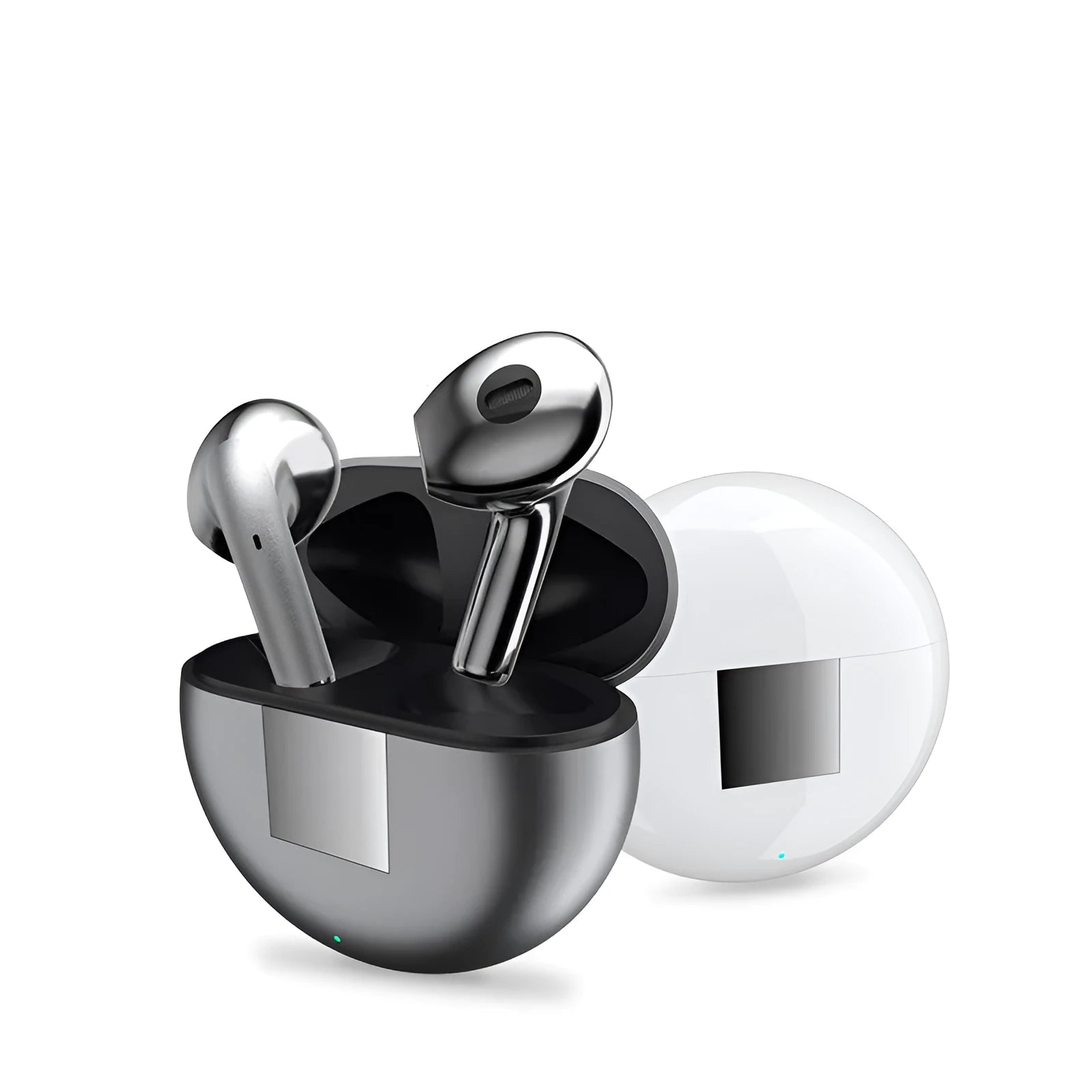 White Wireless Budz5 semi-in-ear Bluetooth earbuds sitting in an open black charging case on a table.