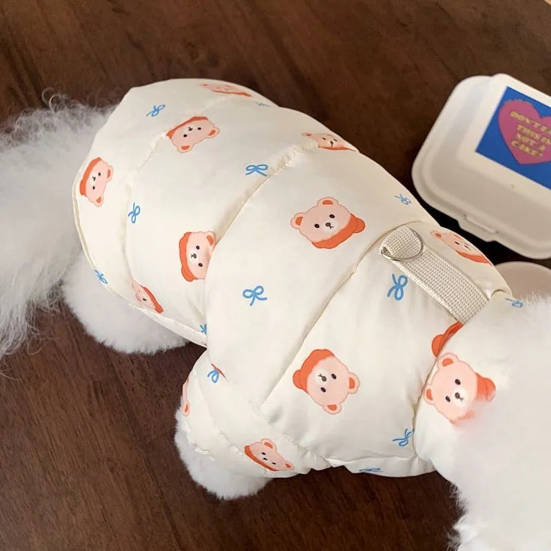 Small puppy cat autumn winter thickened bear pattern coat on a small dog, grey and white, back length 25cm size S